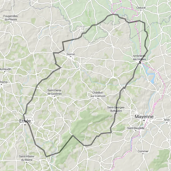 Map miniature of "Road Cycling Route around Ernée" cycling inspiration in Pays de la Loire, France. Generated by Tarmacs.app cycling route planner