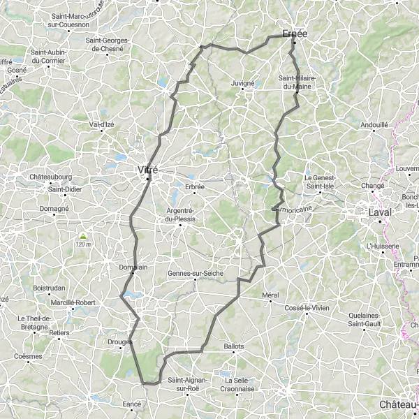Map miniature of "Challenging Road Cycling Route near Ernée" cycling inspiration in Pays de la Loire, France. Generated by Tarmacs.app cycling route planner