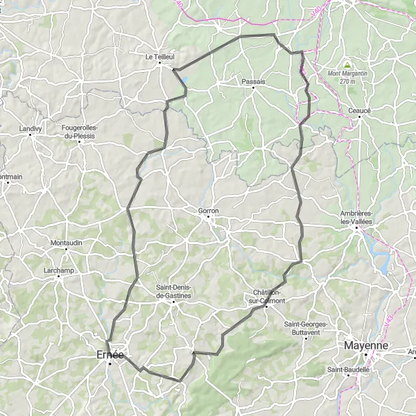 Map miniature of "The Montenay Challenge" cycling inspiration in Pays de la Loire, France. Generated by Tarmacs.app cycling route planner