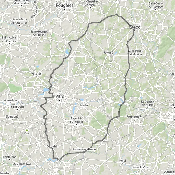 Map miniature of "Cultural Gems: Château de Fresnay to Châtillon-en-Vendelais" cycling inspiration in Pays de la Loire, France. Generated by Tarmacs.app cycling route planner