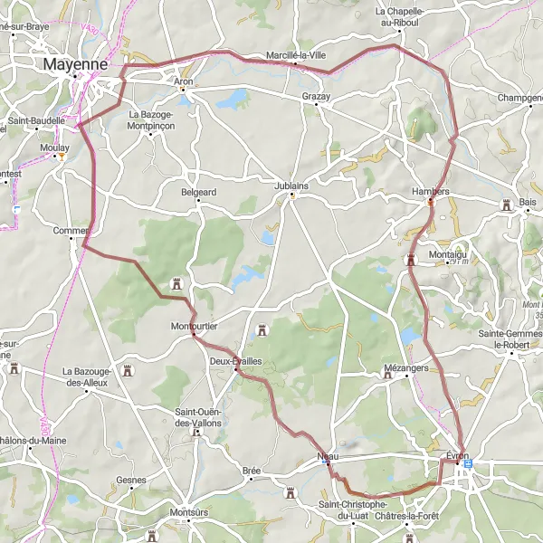 Miniature de la carte de l'inspiration cycliste "Escapade Gravel dans la Mayenne" dans la Pays de la Loire, France. Générée par le planificateur d'itinéraire cycliste Tarmacs.app