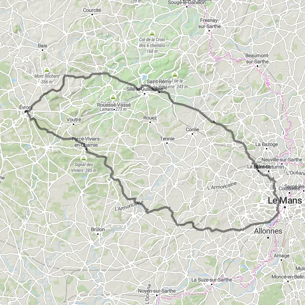 Miniature de la carte de l'inspiration cycliste "Les collines du Mans" dans la Pays de la Loire, France. Générée par le planificateur d'itinéraire cycliste Tarmacs.app