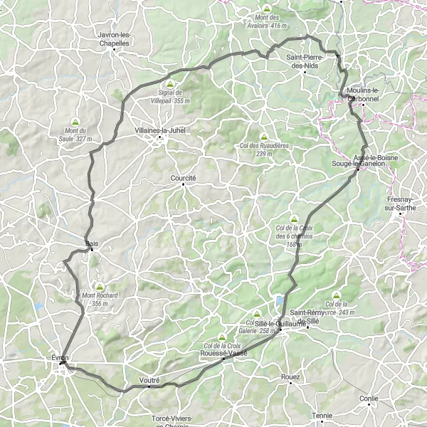Miniature de la carte de l'inspiration cycliste "Les collines de l'Alençon" dans la Pays de la Loire, France. Générée par le planificateur d'itinéraire cycliste Tarmacs.app