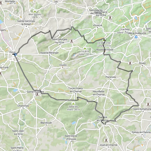 Miniature de la carte de l'inspiration cycliste "Boucle des Collines de la Sarthe" dans la Pays de la Loire, France. Générée par le planificateur d'itinéraire cycliste Tarmacs.app