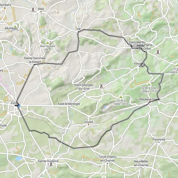 Miniature de la carte de l'inspiration cycliste "Les vallées de la Sarthe" dans la Pays de la Loire, France. Générée par le planificateur d'itinéraire cycliste Tarmacs.app