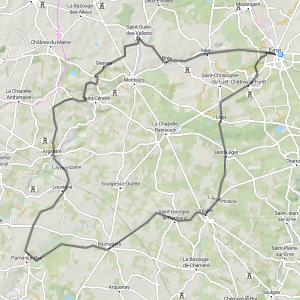 Miniature de la carte de l'inspiration cycliste "Les collines du Maine" dans la Pays de la Loire, France. Générée par le planificateur d'itinéraire cycliste Tarmacs.app