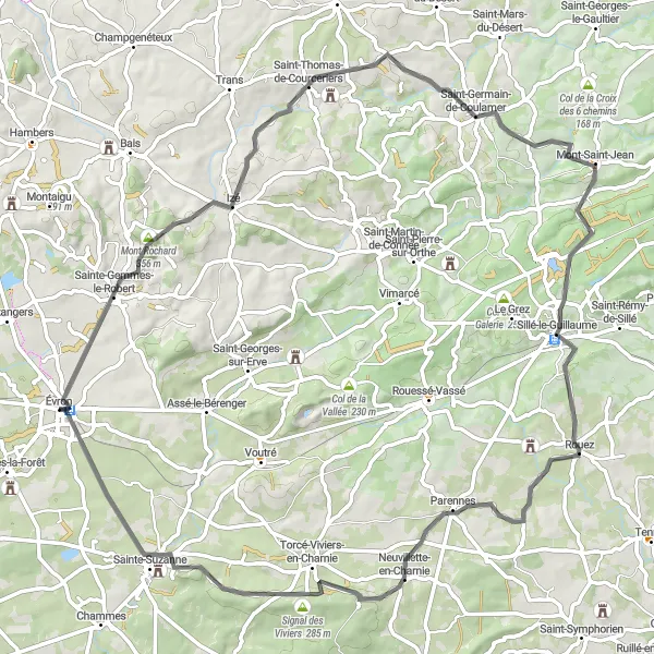 Miniature de la carte de l'inspiration cycliste "Tour des Vallées et Collines" dans la Pays de la Loire, France. Générée par le planificateur d'itinéraire cycliste Tarmacs.app