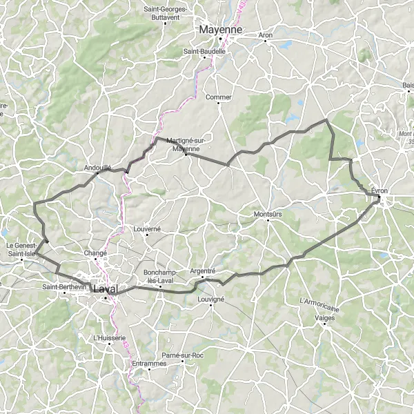 Miniature de la carte de l'inspiration cycliste "La route des Collines Mayennaises" dans la Pays de la Loire, France. Générée par le planificateur d'itinéraire cycliste Tarmacs.app