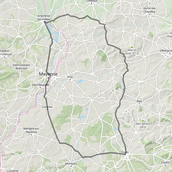 Miniature de la carte de l'inspiration cycliste "Les rivières de la Mayenne" dans la Pays de la Loire, France. Générée par le planificateur d'itinéraire cycliste Tarmacs.app