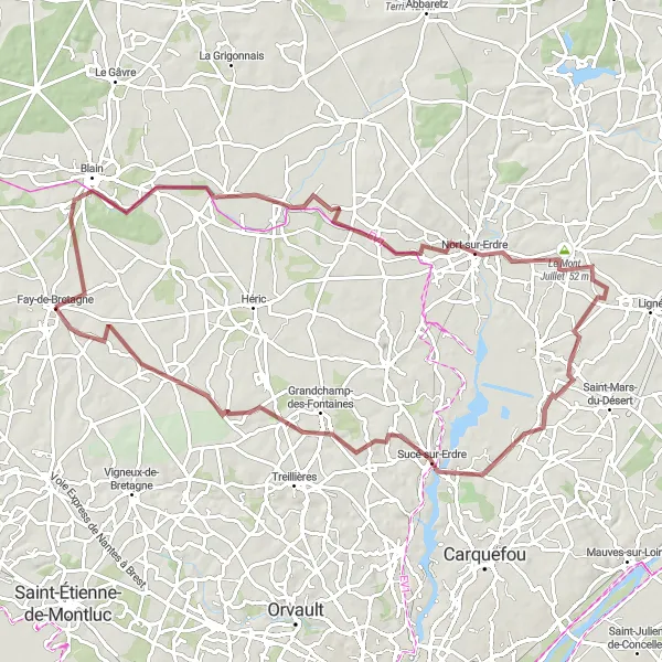 Map miniature of "The Nort-sur-Erdre Gravel Excursion" cycling inspiration in Pays de la Loire, France. Generated by Tarmacs.app cycling route planner