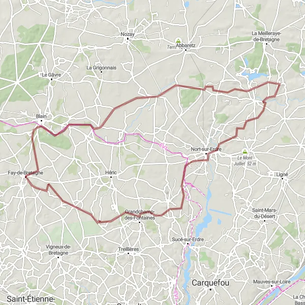 Map miniature of "Gravel Adventure to La Chevallerais, Saffré, Château de la Chauvelière, Nort-sur-Erdre, Grandchamp-des-Fontaines, and Notre-Dame-des-Landes" cycling inspiration in Pays de la Loire, France. Generated by Tarmacs.app cycling route planner