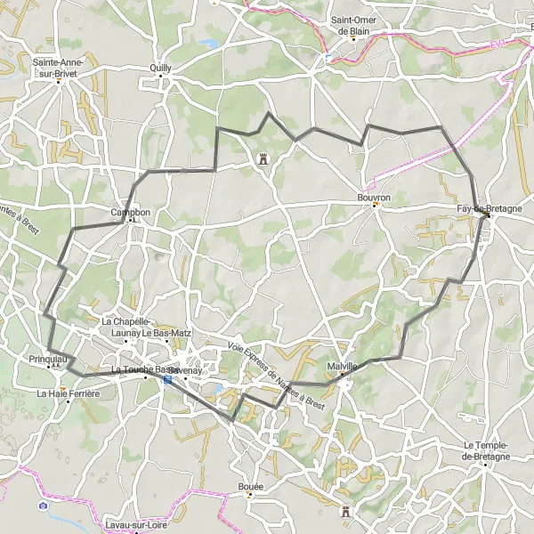 Map miniature of "Fay-de-Bretagne to Prinquiau Circuit" cycling inspiration in Pays de la Loire, France. Generated by Tarmacs.app cycling route planner