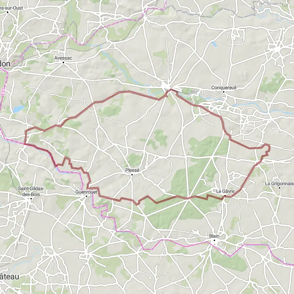 Map miniature of "The Fégréac Gravel Adventure" cycling inspiration in Pays de la Loire, France. Generated by Tarmacs.app cycling route planner