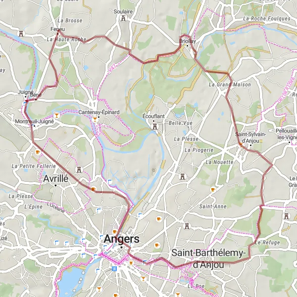 Miniature de la carte de l'inspiration cycliste "Chemin de Briollay" dans la Pays de la Loire, France. Générée par le planificateur d'itinéraire cycliste Tarmacs.app
