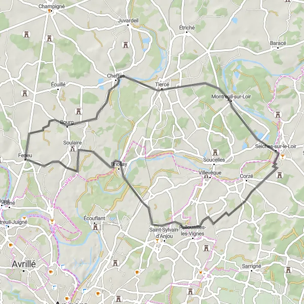 Miniature de la carte de l'inspiration cycliste "Tour des Châteaux de l'Anjou" dans la Pays de la Loire, France. Générée par le planificateur d'itinéraire cycliste Tarmacs.app
