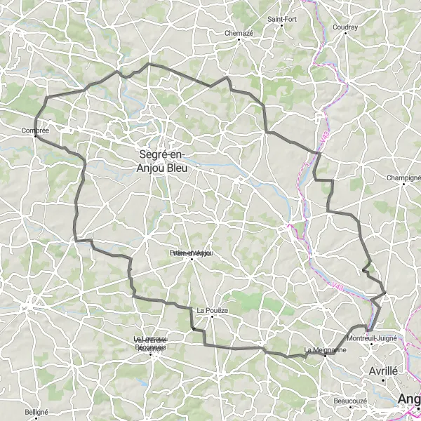 Miniature de la carte de l'inspiration cycliste "La Route des Châteaux de l'Est" dans la Pays de la Loire, France. Générée par le planificateur d'itinéraire cycliste Tarmacs.app