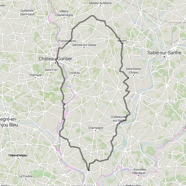 Miniature de la carte de l'inspiration cycliste "Les Châteaux de l'Ouest" dans la Pays de la Loire, France. Générée par le planificateur d'itinéraire cycliste Tarmacs.app
