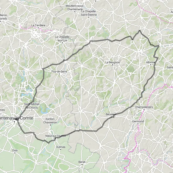 Map miniature of "Thouet Valley Adventure" cycling inspiration in Pays de la Loire, France. Generated by Tarmacs.app cycling route planner