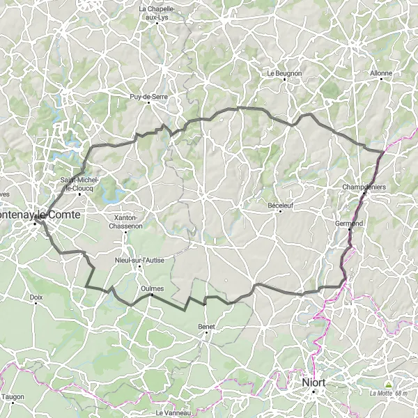 Miniature de la carte de l'inspiration cycliste "Circuit entre Fontenay-le-Comte et Pamplie" dans la Pays de la Loire, France. Générée par le planificateur d'itinéraire cycliste Tarmacs.app