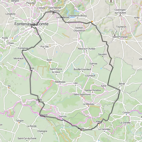 Miniature de la carte de l'inspiration cycliste "Au cœur du Marais Poitevin" dans la Pays de la Loire, France. Générée par le planificateur d'itinéraire cycliste Tarmacs.app