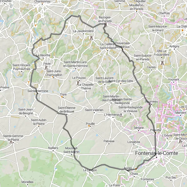 Map miniature of "Fontenay-le-Comte to Auzay and Pissotte Route" cycling inspiration in Pays de la Loire, France. Generated by Tarmacs.app cycling route planner