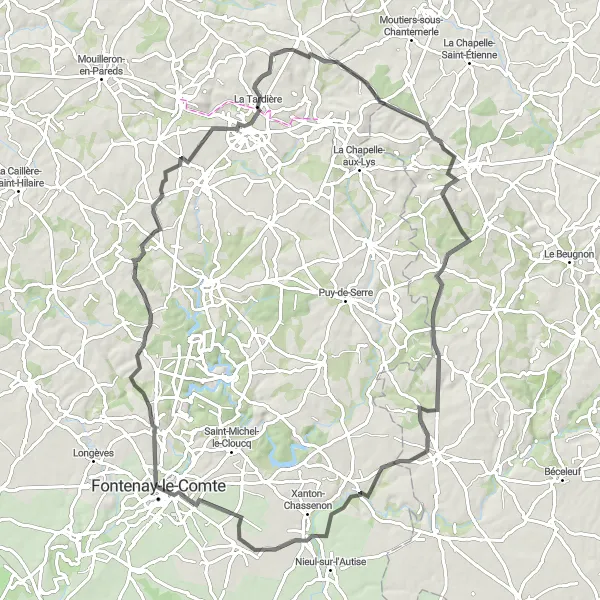 Miniature de la carte de l'inspiration cycliste "Exploration du Bocage Vendéen" dans la Pays de la Loire, France. Générée par le planificateur d'itinéraire cycliste Tarmacs.app
