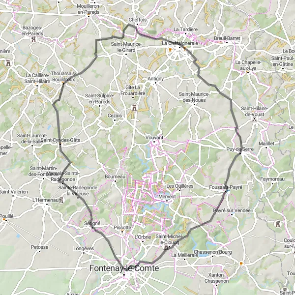 Miniature de la carte de l'inspiration cycliste "Les Collines Vendéennes" dans la Pays de la Loire, France. Générée par le planificateur d'itinéraire cycliste Tarmacs.app