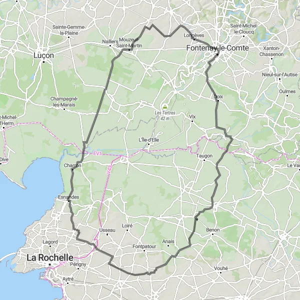 Miniature de la carte de l'inspiration cycliste "Parcours côtier de 119 km" dans la Pays de la Loire, France. Générée par le planificateur d'itinéraire cycliste Tarmacs.app