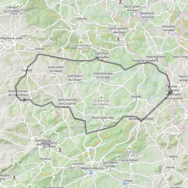 Miniature de la carte de l'inspiration cycliste "Boucle entre Montreuil-le-Chétif et Sougé-le-Ganelon" dans la Pays de la Loire, France. Générée par le planificateur d'itinéraire cycliste Tarmacs.app