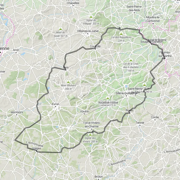 Miniature de la carte de l'inspiration cycliste "Randonnée du Montreuil" dans la Pays de la Loire, France. Générée par le planificateur d'itinéraire cycliste Tarmacs.app