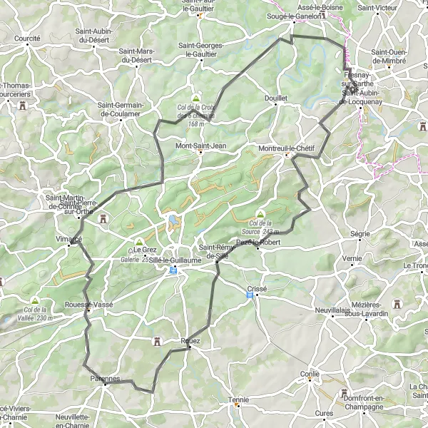 Miniature de la carte de l'inspiration cycliste "Boucle du Col de la Croix des 6 Chemins" dans la Pays de la Loire, France. Générée par le planificateur d'itinéraire cycliste Tarmacs.app