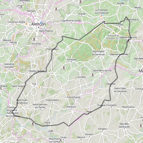Miniature de la carte de l'inspiration cycliste "Exploration des Collines du Maine" dans la Pays de la Loire, France. Générée par le planificateur d'itinéraire cycliste Tarmacs.app