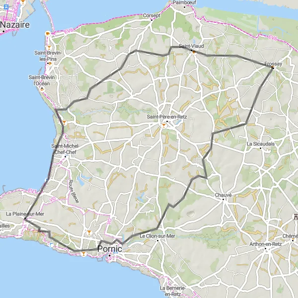 Miniature de la carte de l'inspiration cycliste "La Boucle Côtière de Saint-Viaud" dans la Pays de la Loire, France. Générée par le planificateur d'itinéraire cycliste Tarmacs.app