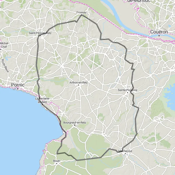 Map miniature of "Challenging Road Cycling Route near Frossay" cycling inspiration in Pays de la Loire, France. Generated by Tarmacs.app cycling route planner