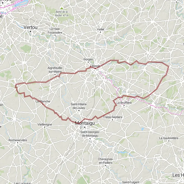 Miniature de la carte de l'inspiration cycliste "Parcours de Gravel aux Environs de Geneston" dans la Pays de la Loire, France. Générée par le planificateur d'itinéraire cycliste Tarmacs.app