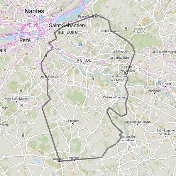Miniature de la carte de l'inspiration cycliste "Boucle à Vélo à Travers la Vallée de Geneston" dans la Pays de la Loire, France. Générée par le planificateur d'itinéraire cycliste Tarmacs.app