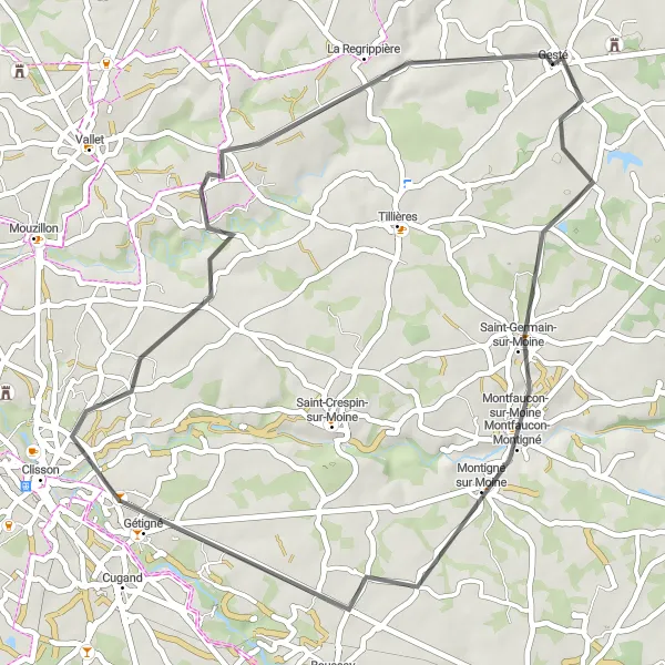 Miniature de la carte de l'inspiration cycliste "Boucle cyclable de Gesté" dans la Pays de la Loire, France. Générée par le planificateur d'itinéraire cycliste Tarmacs.app