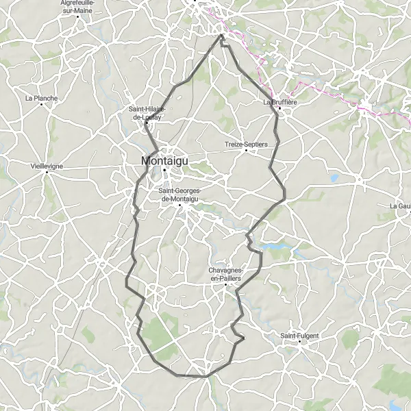 Map miniature of "Challenging Road Route near Gétigné" cycling inspiration in Pays de la Loire, France. Generated by Tarmacs.app cycling route planner