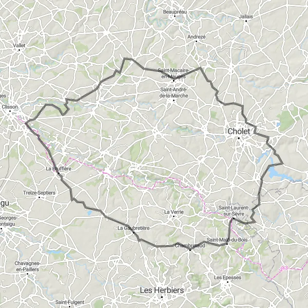 Miniature de la carte de l'inspiration cycliste "La Route des Collines Mauges" dans la Pays de la Loire, France. Générée par le planificateur d'itinéraire cycliste Tarmacs.app