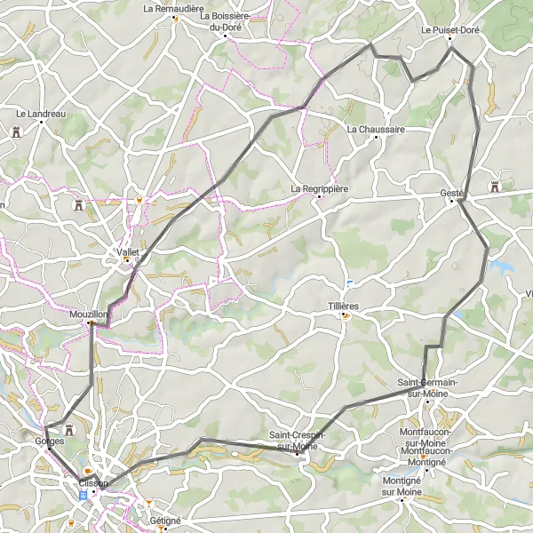 Map miniature of "Rural Escape to Clisson" cycling inspiration in Pays de la Loire, France. Generated by Tarmacs.app cycling route planner