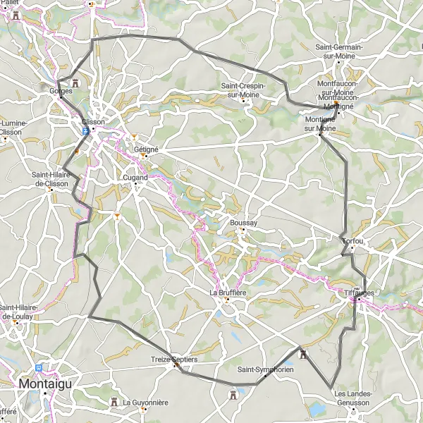 Map miniature of "Gorges to Clisson Loop" cycling inspiration in Pays de la Loire, France. Generated by Tarmacs.app cycling route planner