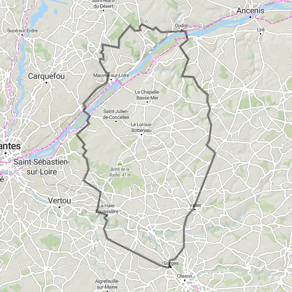 Map miniature of "The Loire Valley Charm" cycling inspiration in Pays de la Loire, France. Generated by Tarmacs.app cycling route planner