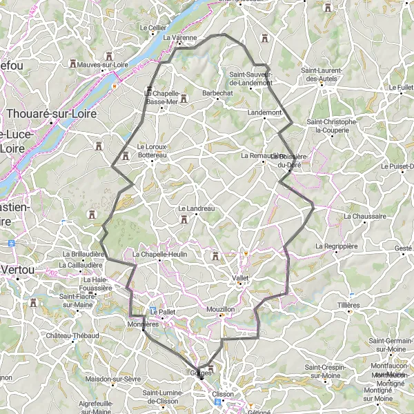 Map miniature of "Challenging Ride to Clisson" cycling inspiration in Pays de la Loire, France. Generated by Tarmacs.app cycling route planner