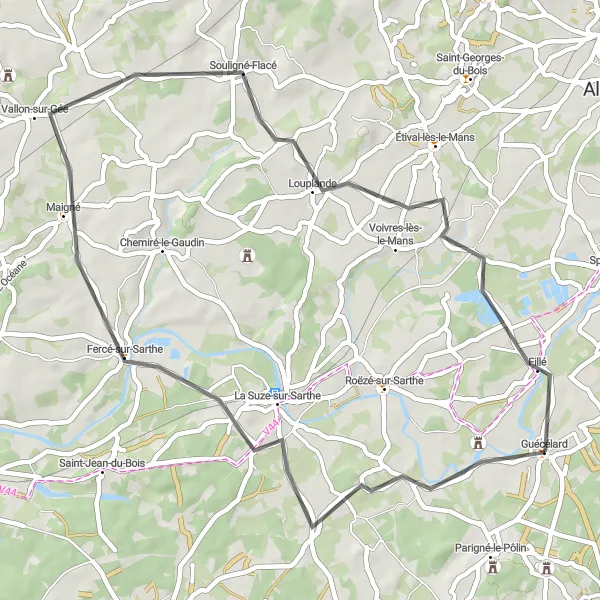 Miniature de la carte de l'inspiration cycliste "Circuit vers La Suze-sur-Sarthe" dans la Pays de la Loire, France. Générée par le planificateur d'itinéraire cycliste Tarmacs.app