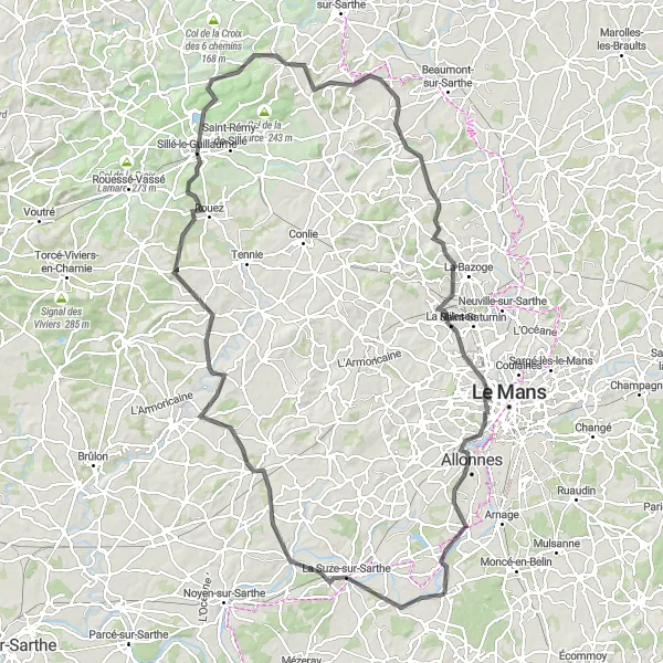 Miniature de la carte de l'inspiration cycliste "Tour vers Montreuil-le-Chétif" dans la Pays de la Loire, France. Générée par le planificateur d'itinéraire cycliste Tarmacs.app
