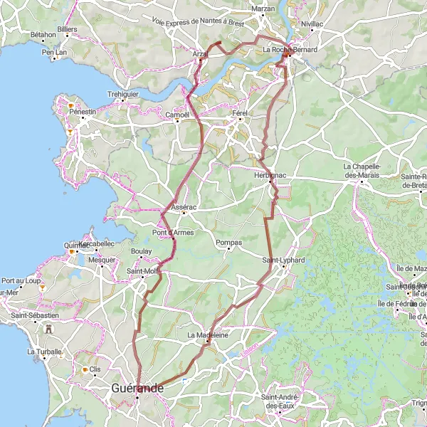 Map miniature of "Discovering Gravel Routes" cycling inspiration in Pays de la Loire, France. Generated by Tarmacs.app cycling route planner