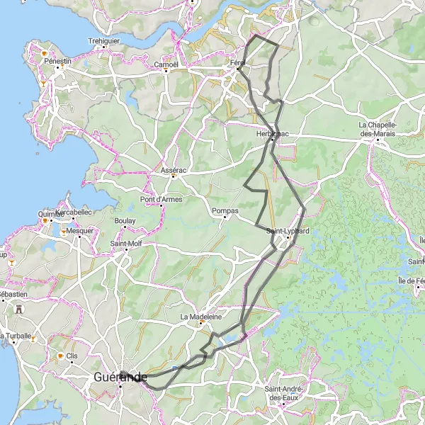 Miniature de la carte de l'inspiration cycliste "Les Landes de Guérande Road Cycling Route" dans la Pays de la Loire, France. Générée par le planificateur d'itinéraire cycliste Tarmacs.app