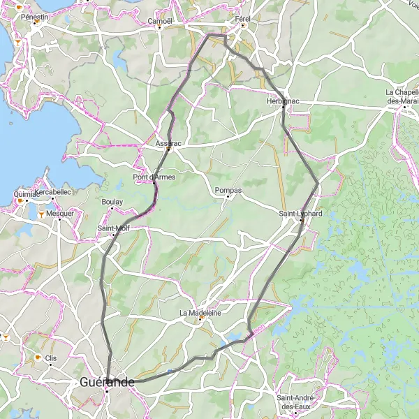 Map miniature of "Exploring Herbignac and Beyond" cycling inspiration in Pays de la Loire, France. Generated by Tarmacs.app cycling route planner