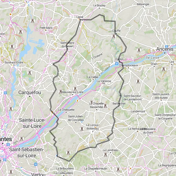 Map miniature of "Loire Valley and Medieval Castles" cycling inspiration in Pays de la Loire, France. Generated by Tarmacs.app cycling route planner