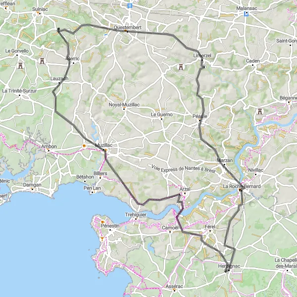 Miniature de la carte de l'inspiration cycliste "Boucle Arzal - La Roche-Bernard" dans la Pays de la Loire, France. Générée par le planificateur d'itinéraire cycliste Tarmacs.app